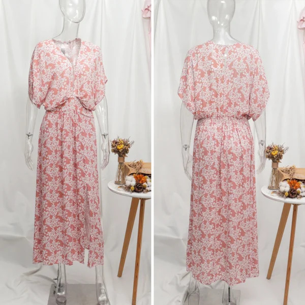 Robe longue rose poudré bohème avec imprimé floral : Serena – Image 6