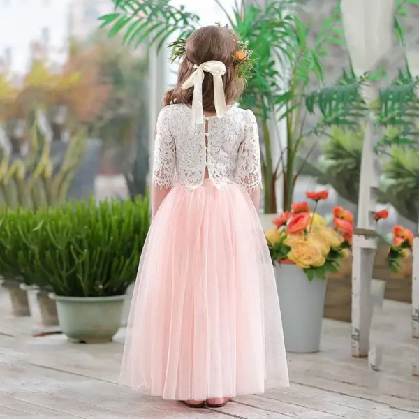 Robe fillette rose poudré dentelle et tulle : Juliette, manches trois-quarts et jupe volumineuse – Image 7