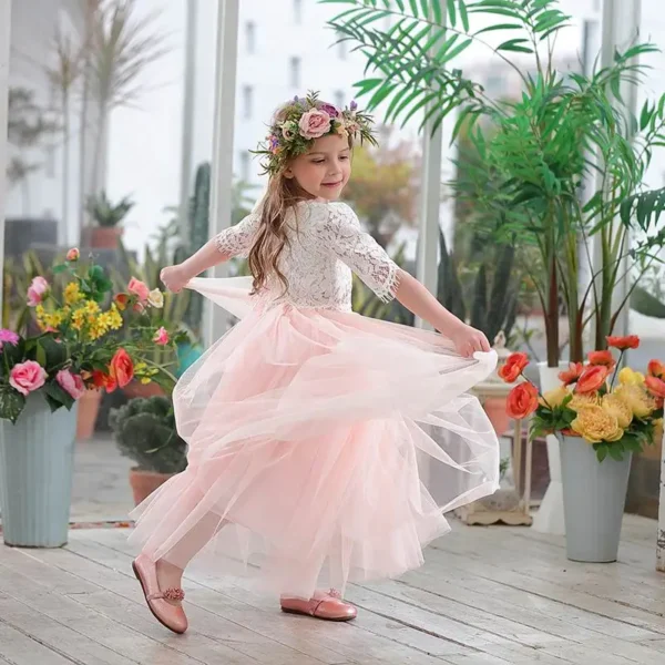Robe fillette rose poudré dentelle et tulle : Juliette, manches trois-quarts et jupe volumineuse – Image 6