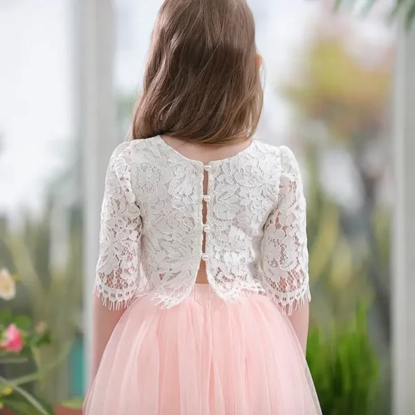 Robe fillette rose poudré dentelle et tulle : Juliette, manches trois-quarts et jupe volumineuse – Image 8
