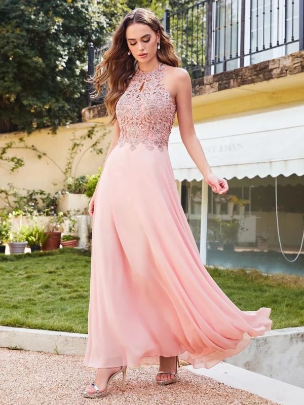 Robe de bal rose poudré col montant : Élégance Florence – Image 2