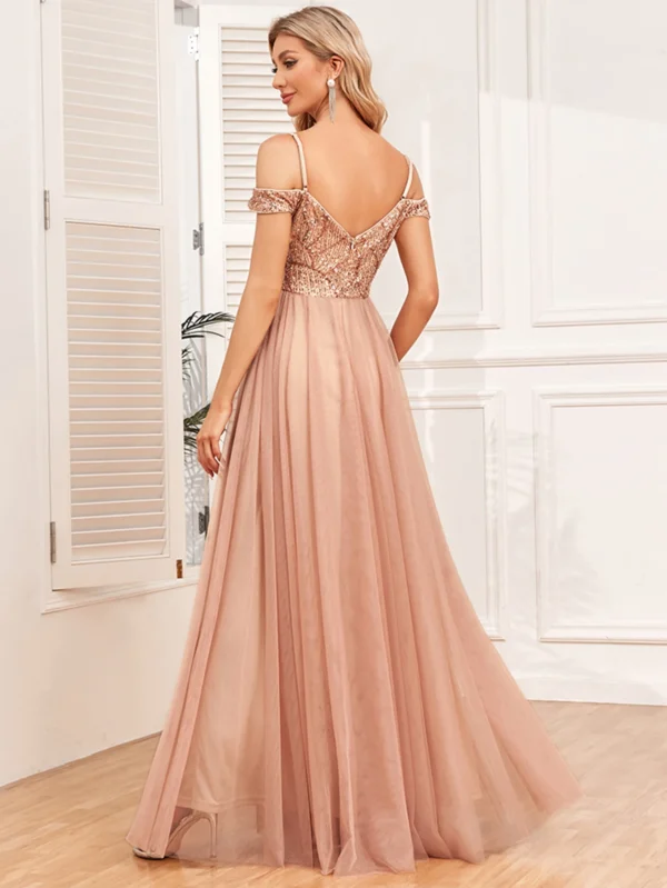 Robe rose poudré sequin avec bretelles spaghetti : Amélie – Image 2