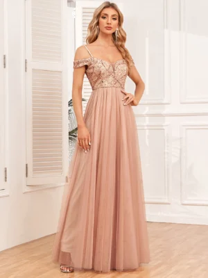 Robe rose poudré sequin avec bretelles spaghetti : Amélie