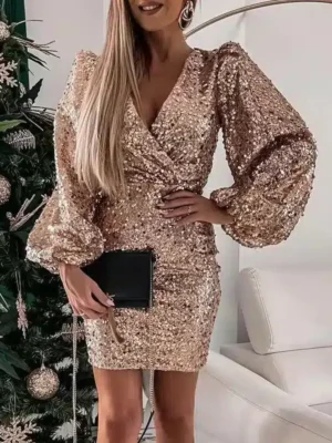 Robe de fête dorée à sequins et manches bouffantes : Iris