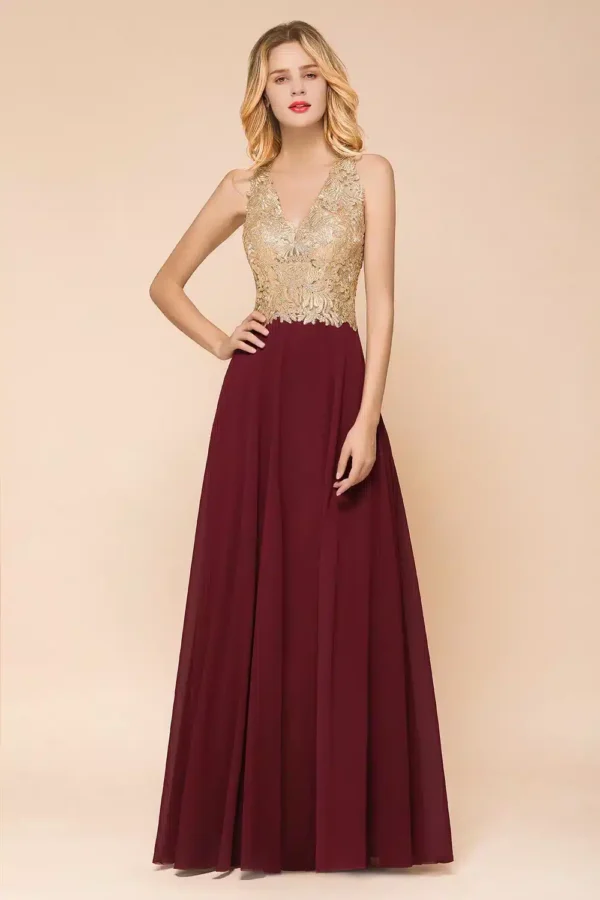 Robe longue bordeaux et doré avec décolleté en V : Laurine – Image 4