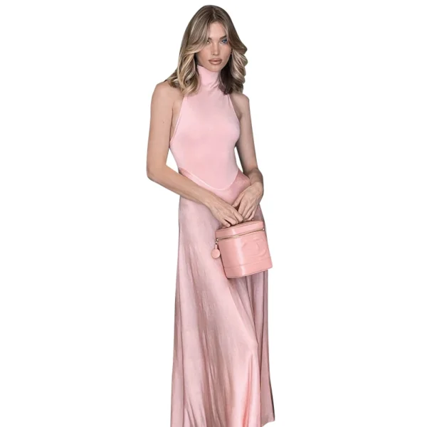 Robe rose poudré moulante col haut : Aurora – Image 6
