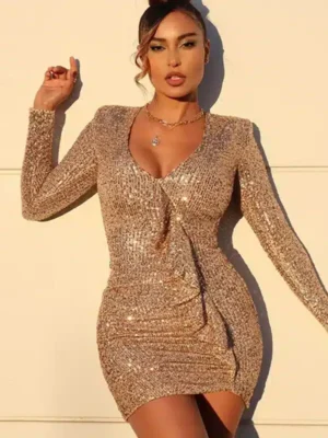 Robe dorée sexy scintillante manches longues : Béatrice