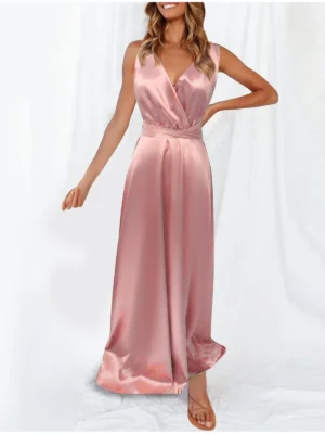 Robe satin rose poudré ceinturée : Isabelle