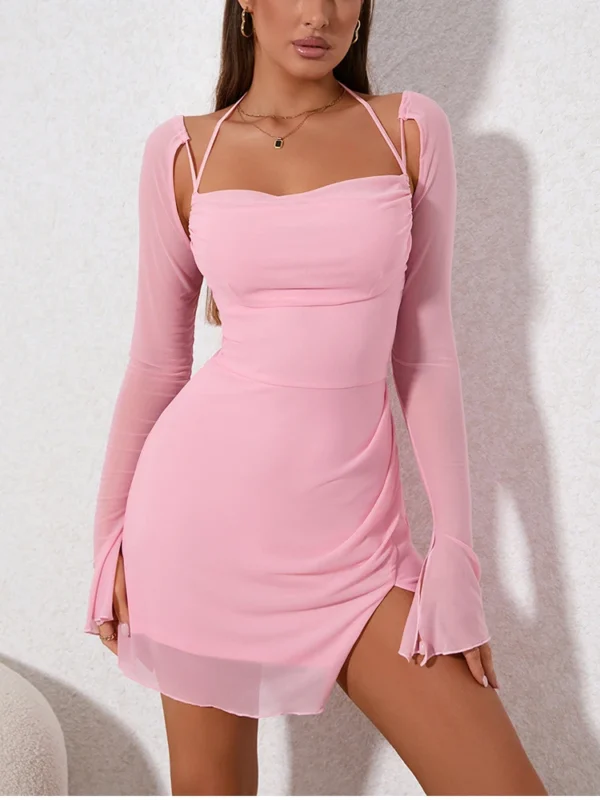 Robe d'été rose poudré manches longues : Elodie – Image 3