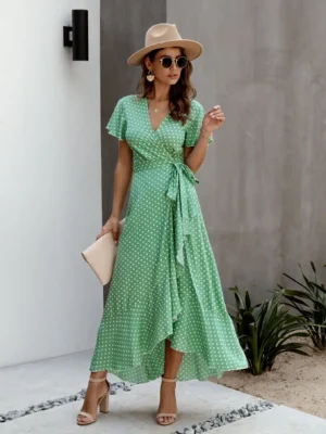 Robe fluide vert d'eau à pois : Miranda