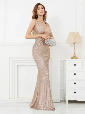 Robe élégante rose et doré ajustée avec décolleté en V : Paloma
