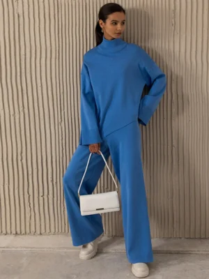 Pantalon palazzo bleu chic avec ceinture élastique : Élodie
