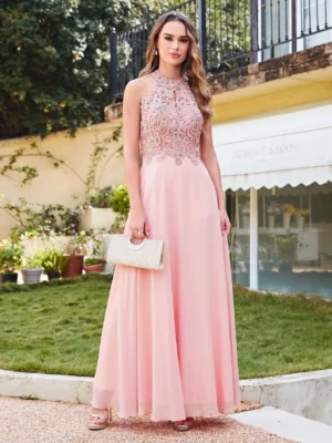 Robe de bal rose poudré col montant : Élégance Florence