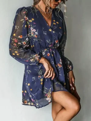Robe bleu marine doré avec motifs floraux : Célia