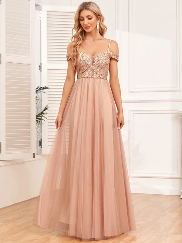 Robe rose poudré sequin avec bretelles spaghetti : Amélie – Image 5