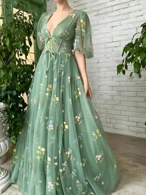 Robe bohème vert d'eau avec manches bouffantes : Camille