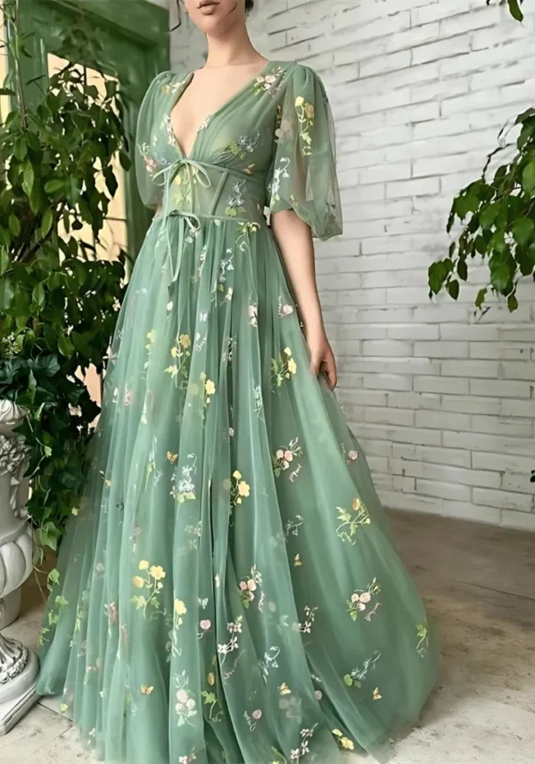 Robe bohème vert d'eau avec manches bouffantes : Camille