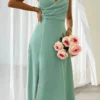 Robe cocktail vert d’eau avec col drapé : Elara – Image 7