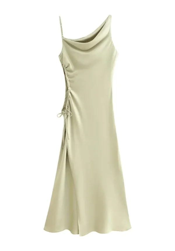 Robe de soirée satin vert d’eau avec fente haute : Mélina – Image 5