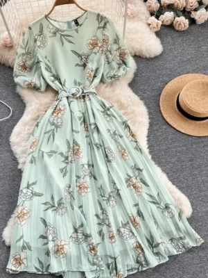Robe fluide vert d’eau fleur design floral : Elodie