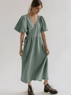Robe gaze de coton vert d’eau mi-longue : Éliane