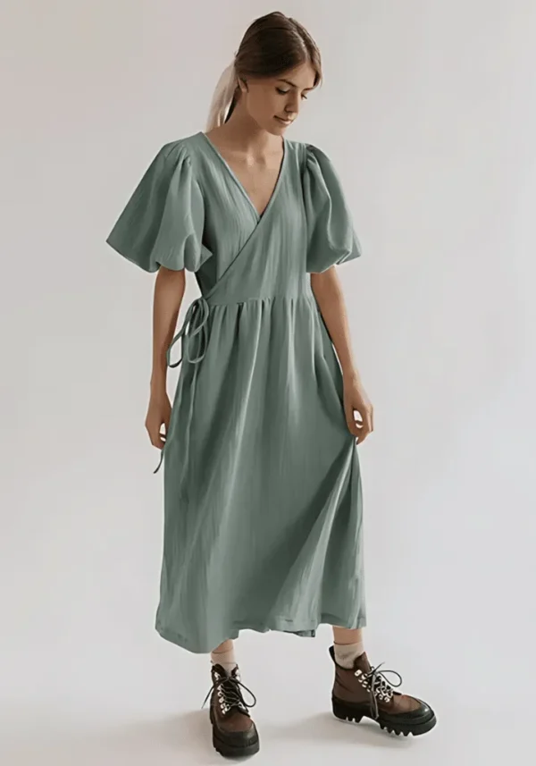 Robe gaze de coton vert d’eau mi-longue : Éliane
