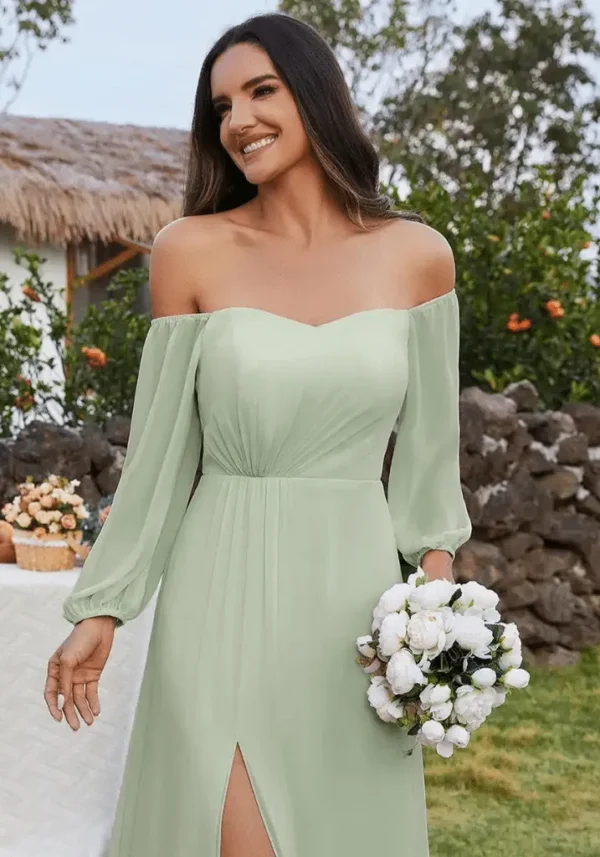 Robe invitée mariage vert d’eau avec manches bouffantes : Charlotte – Image 2