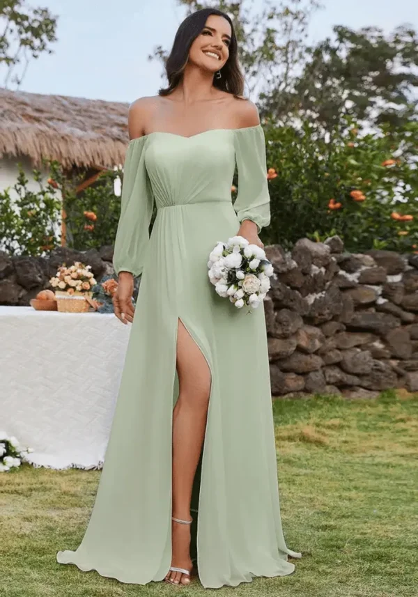 Robe invitée mariage vert d’eau avec manches bouffantes : Charlotte – Image 5