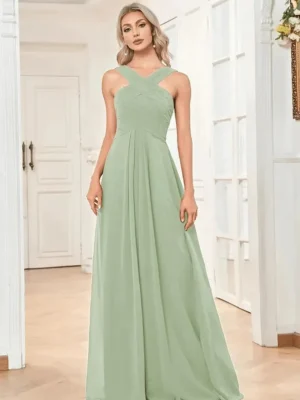Robe longue vert d'eau mariage avec bretelles croisées : Lucie