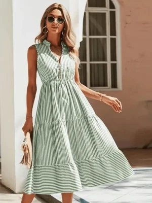 Robe provençale chic vert d’eau avec rayures : Justine