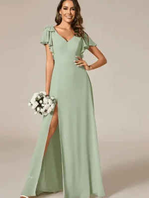 Robe témoin de mariage vert d’eau décolleté en V : Élodie