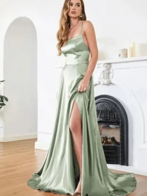 Robe vert d’eau femme avec fente élégante : Lia