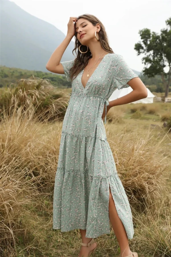 Robe fleurie vert sauge élégante : Camille – Image 2
