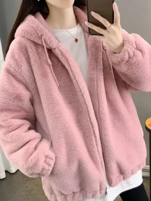 Veste moumoute rose tendance avec capuche : Camille