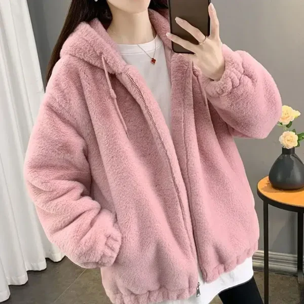 Veste moumoute rose tendance avec capuche : Camille