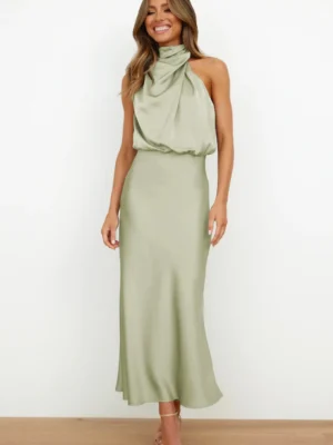Robe droite vert sauge à col drapé : Lydia