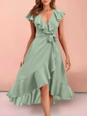 Robe mi-longue plissée avec manches volantes : Éloïse