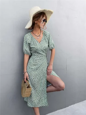 Robe été vert sauge avec manches ballons : Émeraude