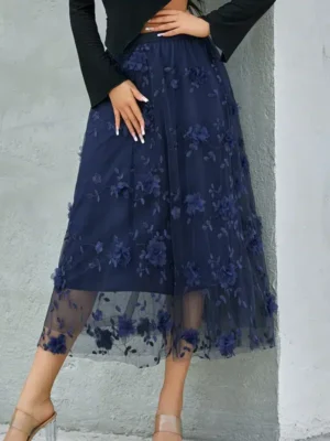 Jupe tulle à fleur élégante bleu marine : Mélina