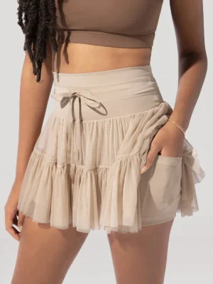 Jupe tulle courte beige avec poches et ceinture élastique : Nadia