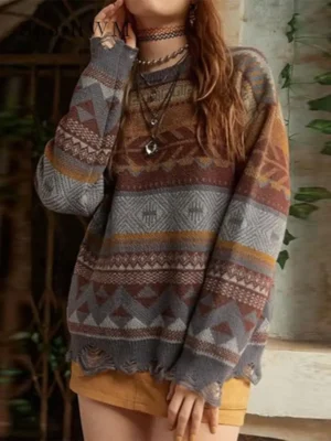 Pull style jacquard élégant à motifs graphiques : Clarisse