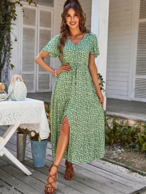 Robe verte champêtre à boutons : Clarisse