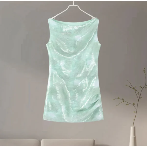 Robe vert sauge paillette à une épaule : Saphira – Image 6