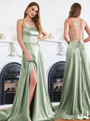 Robe vert sauge dos nu élégante : Serena