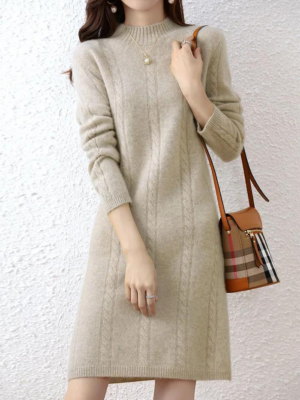 Robe beige hiver midi en cachemire à manches longues