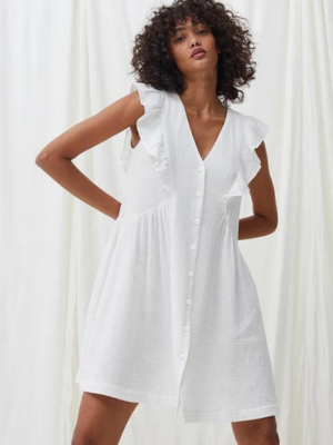 Robe chemise gaze de coton blanche avec volants et coupe ample
