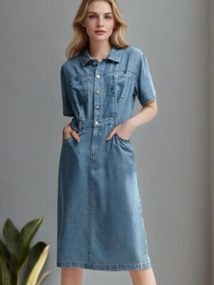 Robe droite en jean denim bleu avec poches avant et manches courtes