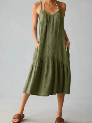 Robe gaze de coton verte olive femme : midi avec bretelles fines et poches