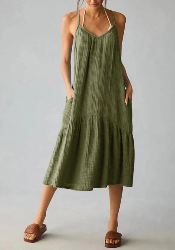 Robe gaze de coton verte olive femme : midi avec bretelles fines et poches