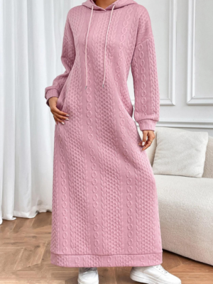 Robe hiver à capuche rose pastel en tissu épais tricoté avec manches longues